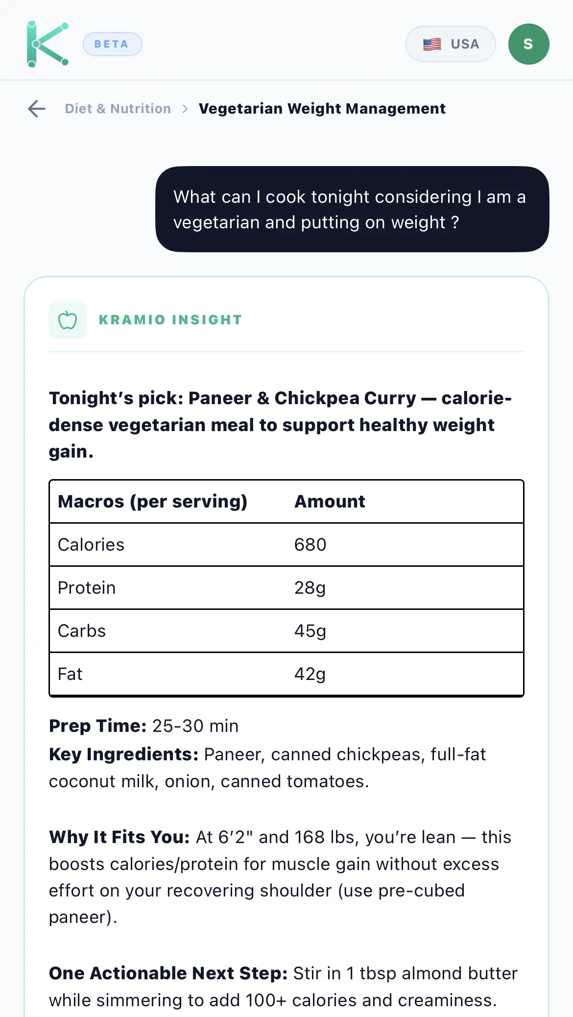 Kramio Diet & Nutrition tile showing a personalized Paneer & Chickpea Curry recommendation with macros, prep time, and why it fits your goals