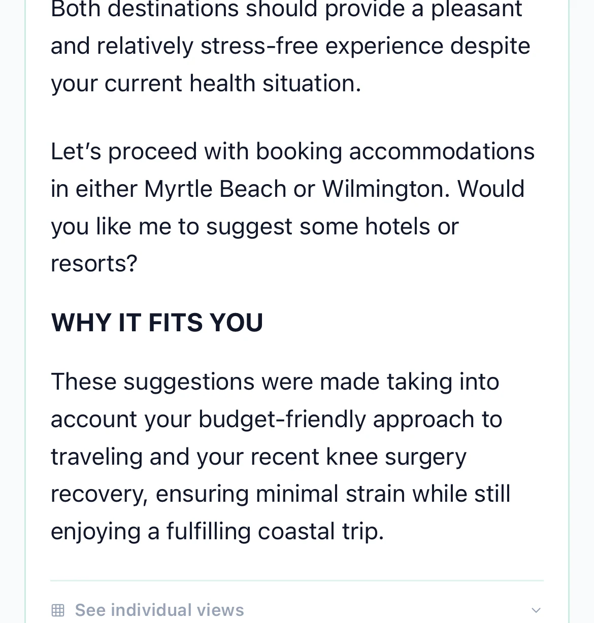 Kramio Weekend Getaway trip plan: the 'Why it fits you' section explains the coastal suggestions account for the user's budget and their recent knee surgery recovery